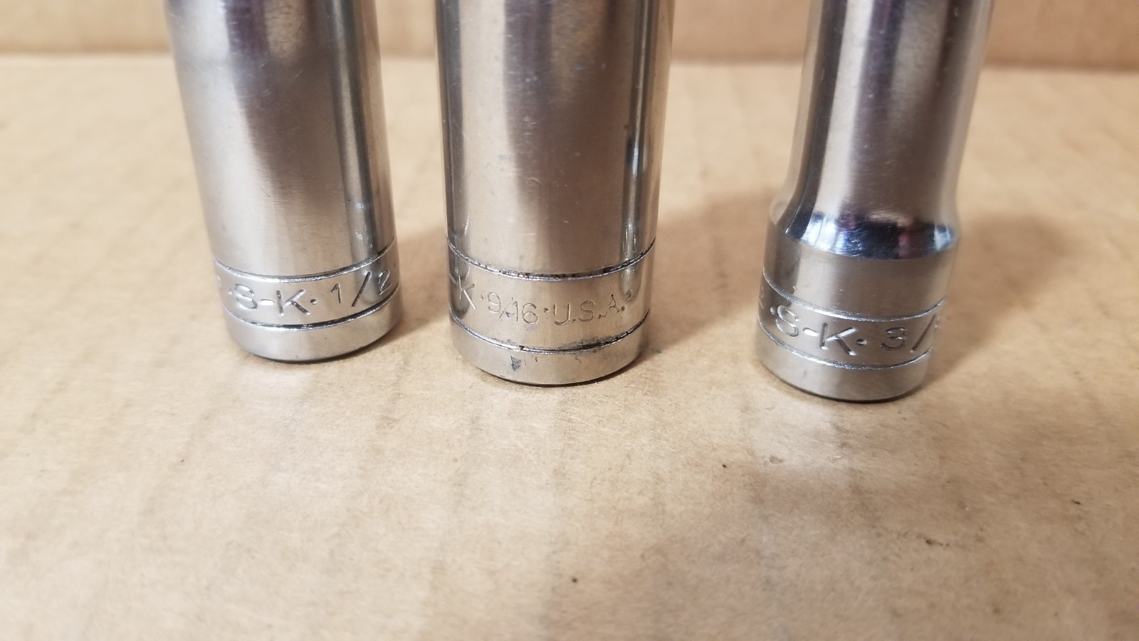 Vintage S-K USA 40418 9/16 & 40416 1/2 & 40412 3/8 6-Point Sockets VGC