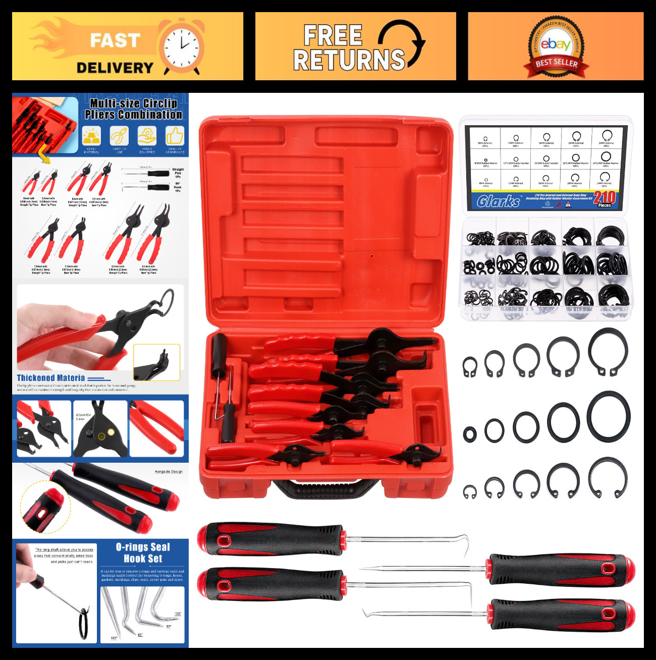 225Pcs Heavy Duty Snap Ring Pliers Set – Straight & Bent Jaw, Circlip Retaining
