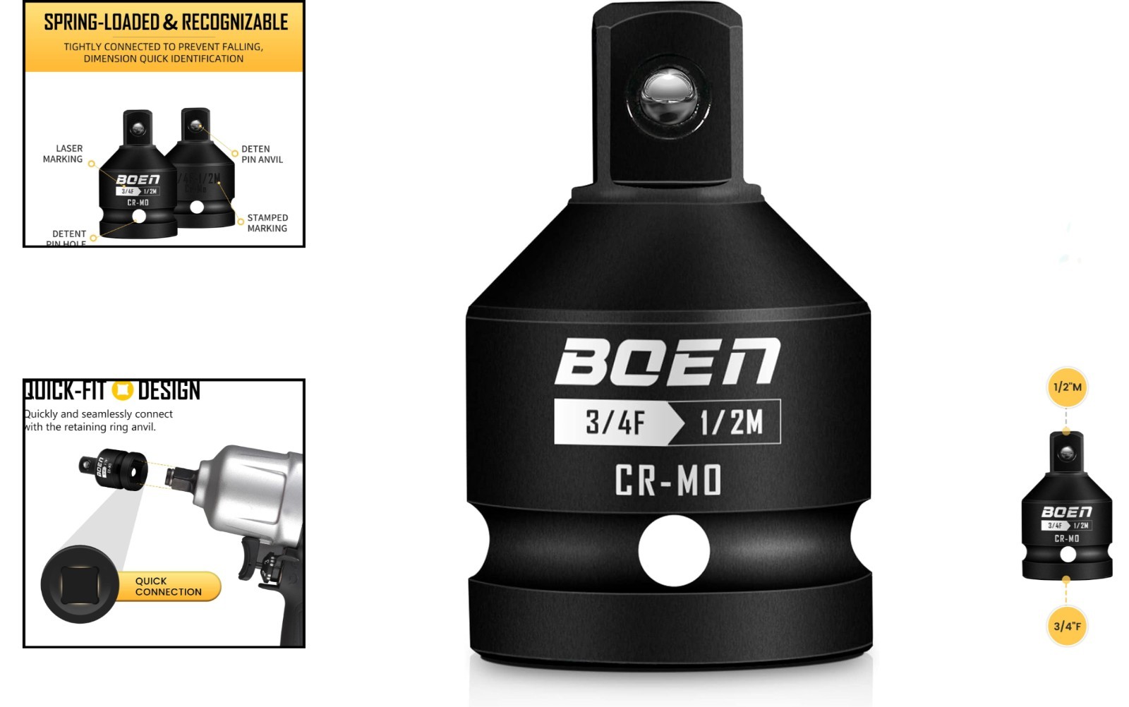 Compact Cr-Mo Steel Impact Socket Adapter, 3/4″F to 1/2″M – Wide Compatibility