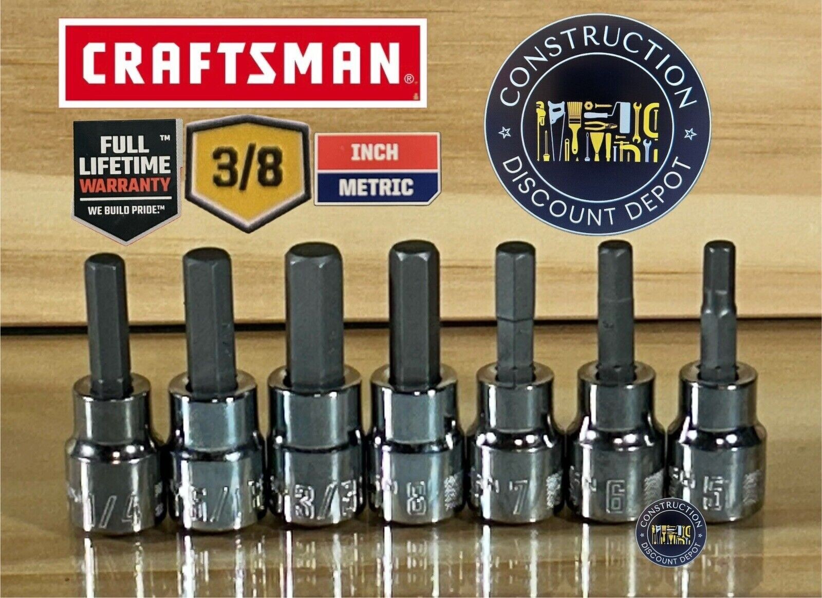 CRAFTSMAN 7 pc 3/8 SAE MM Hex Allen key bit ratchet wrench socket set