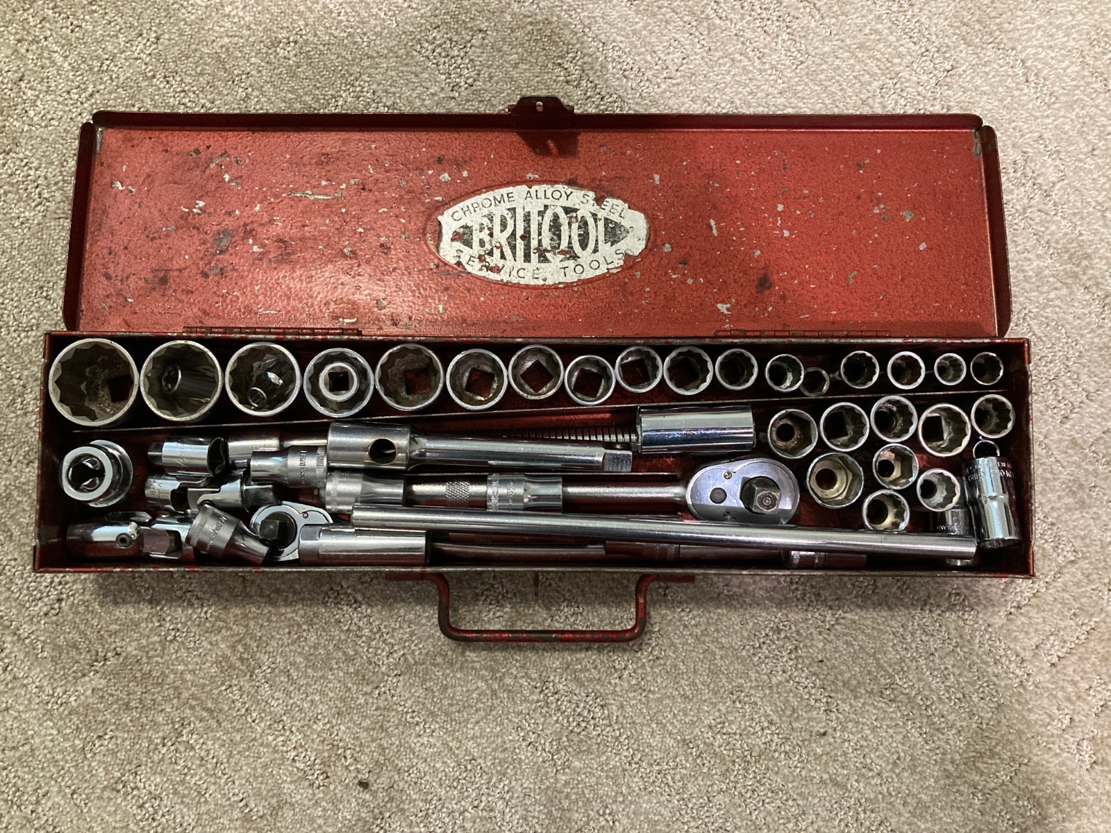 VINTAGE BRITOOL SOCKET SET Made England 1/2” and 3/8″ Drive 51 pc W Case