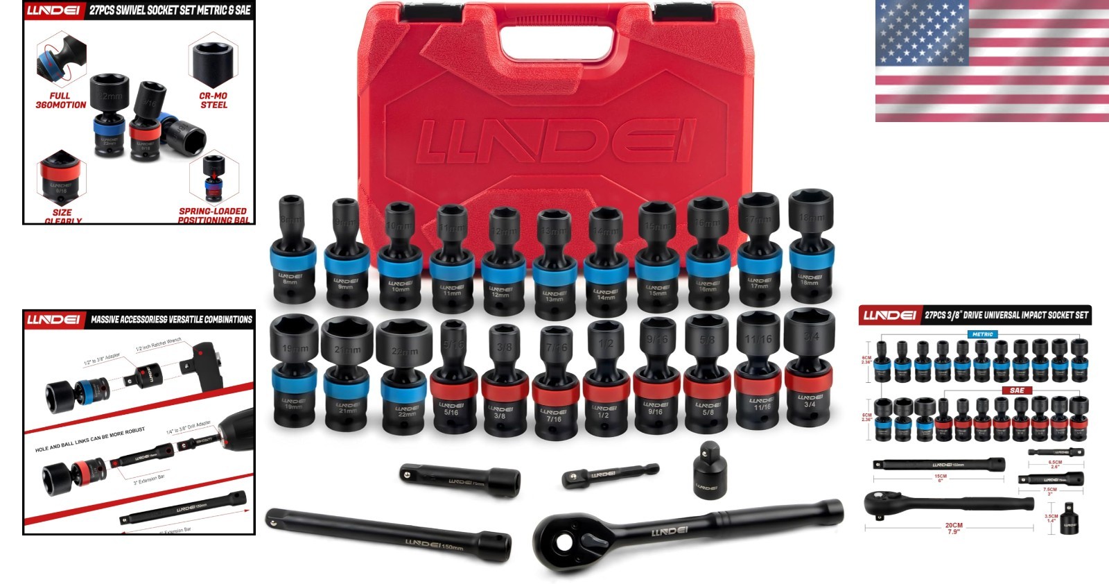 27Pcs 3/8″ Drive Swivel Impact Socket Set, CR-MO Swivel Socket Set Metric8-22…
