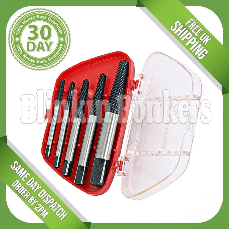 5PC SCREW EXTRACTOR SET FOR DAMAGED BROKEN BOLT STUD REMOVER TAPERED TOOL CASE