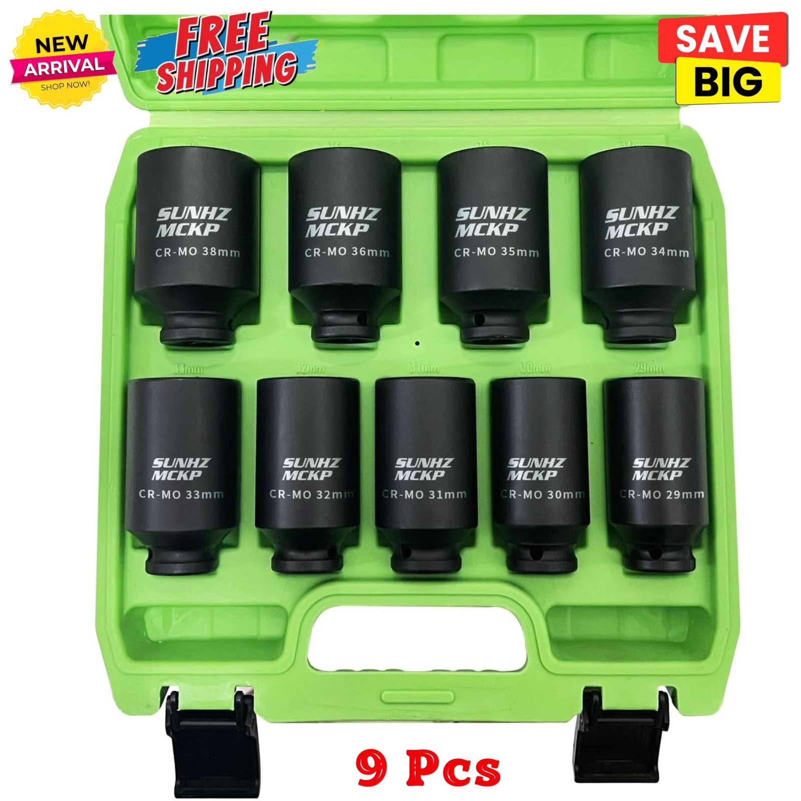 9Pc 1/2″ Drive Deep Impact Socket Set, 6-Point Metric, Cr-Mo, 29mm- 38mm w/ Case