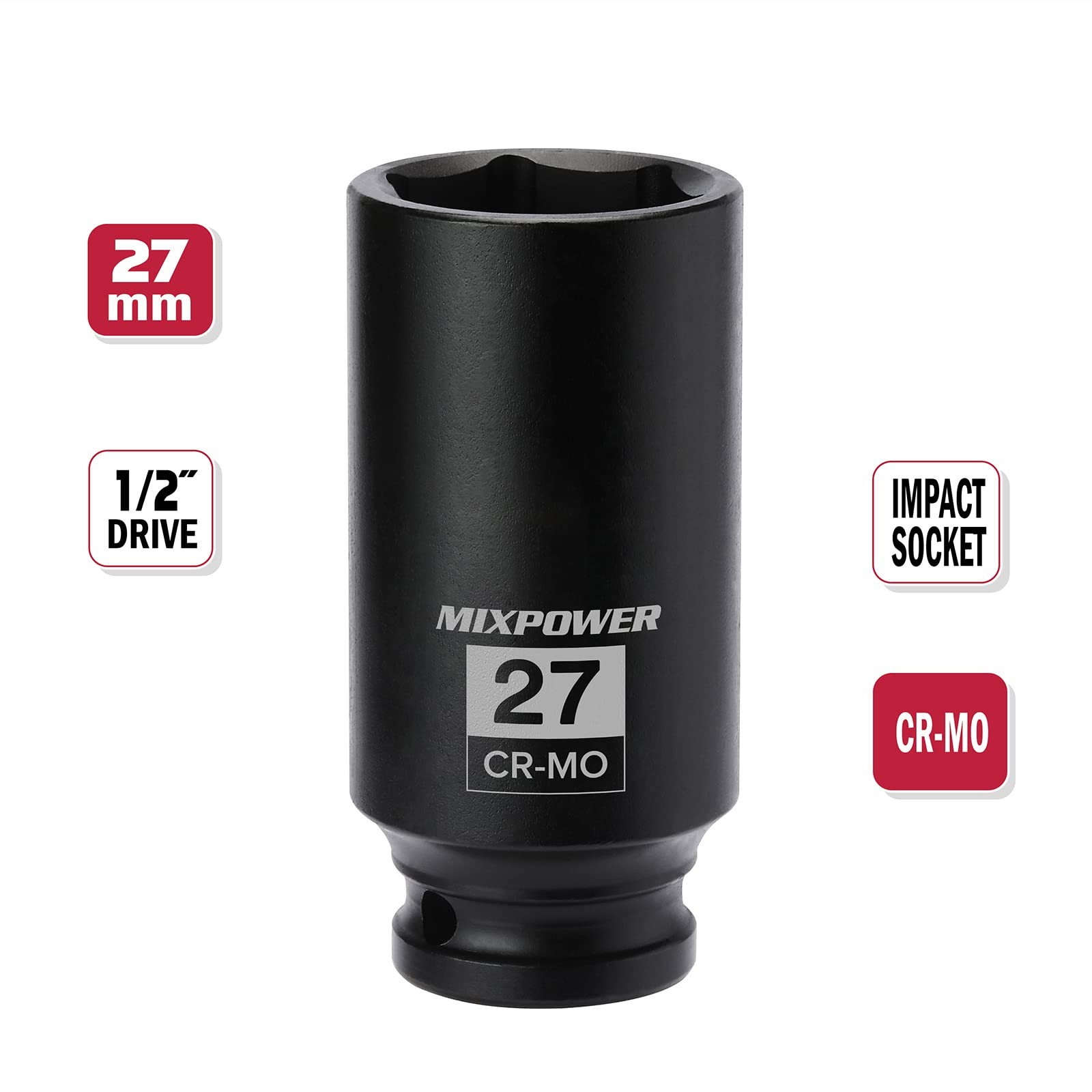1/2″ Dr. x 27 mm Deep 6 PT Impact Socket, CR-MO, 1/2-inch Drive 27mm