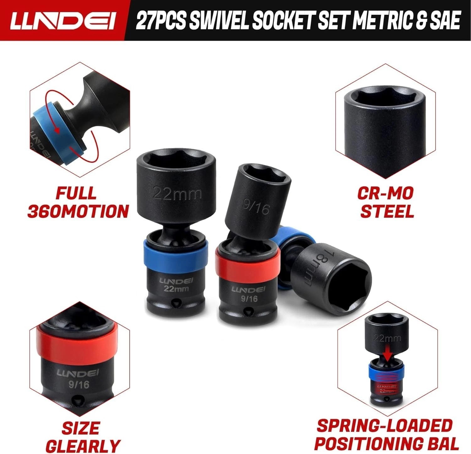 27Pcs 3/8″ Drive Swivel Impact Socket Set, CR-MO Swivel Socket Set Metric8-22…