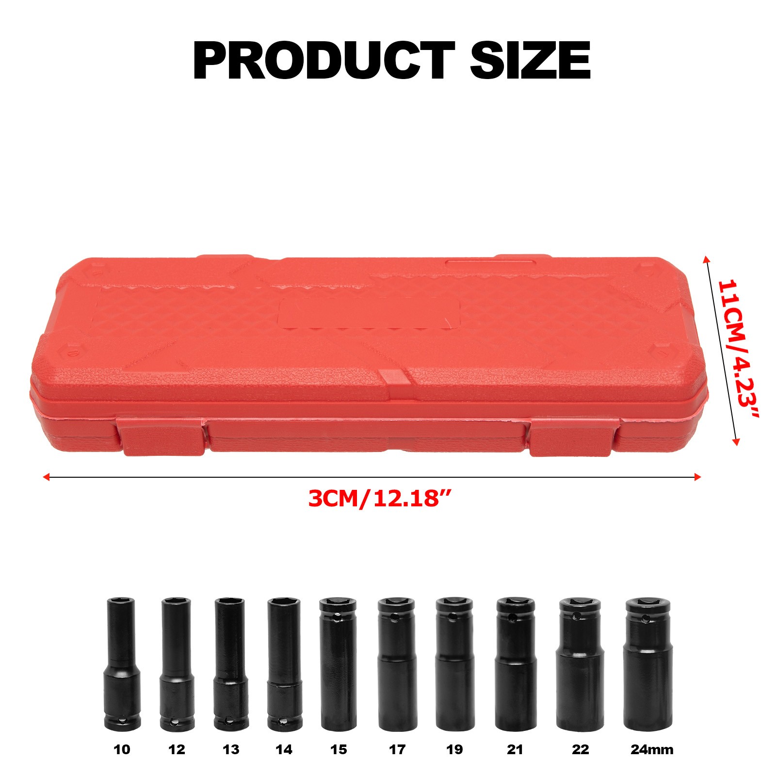 10pcs Metric Deep Impact Socket 1/2″ Drive 10mm-24mm 6 Point Sockets w/ Case-Set