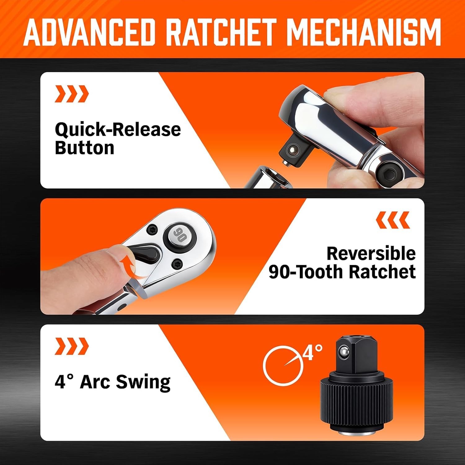 3/8″ Drive 90-Tooth Flex Head Ratchet Handle, 180° Adjustable CR-V Ratchet wi…
