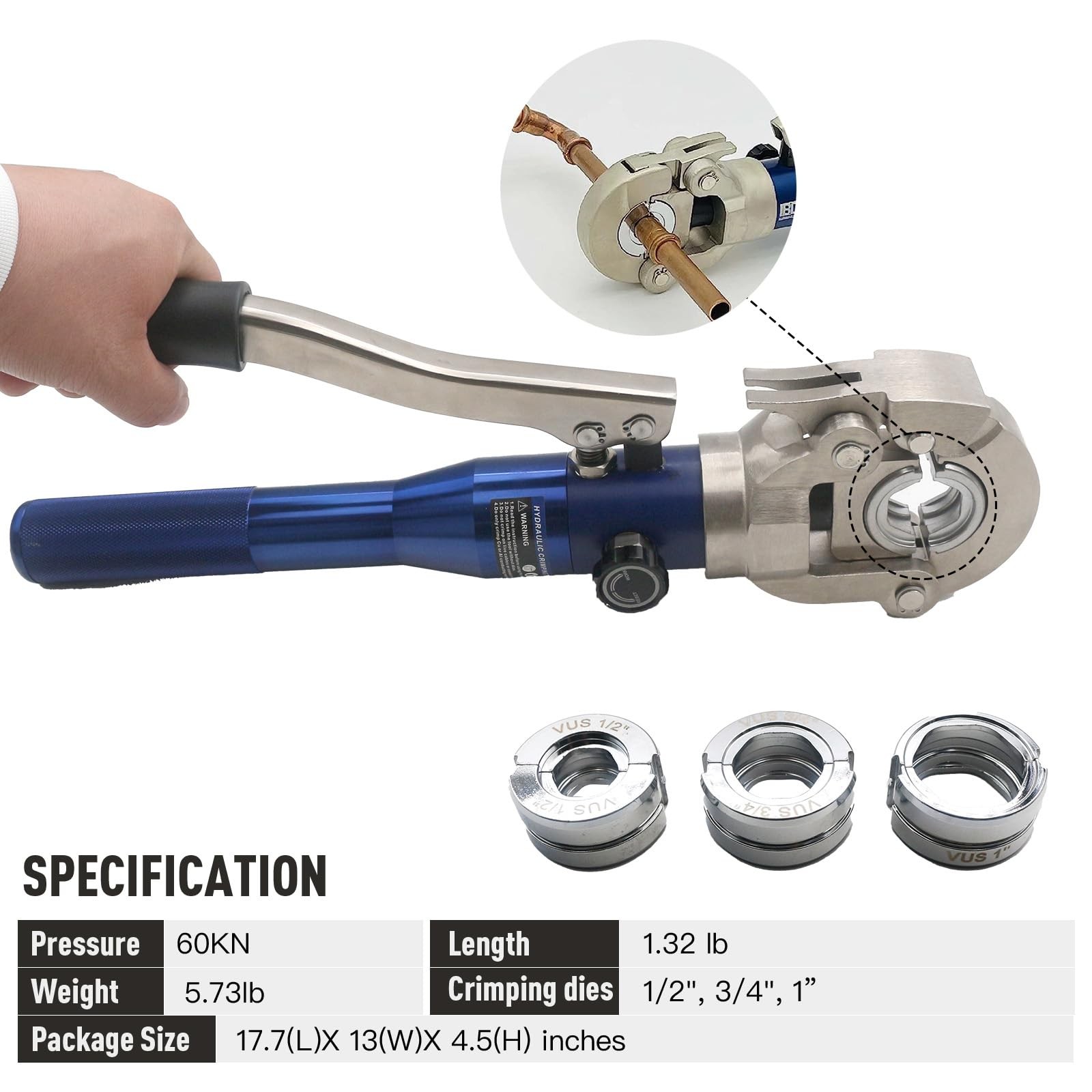 Hydraulic Copper Press Tool with 1/2″,3/4″ and 1″ Jaw Pipe Blue