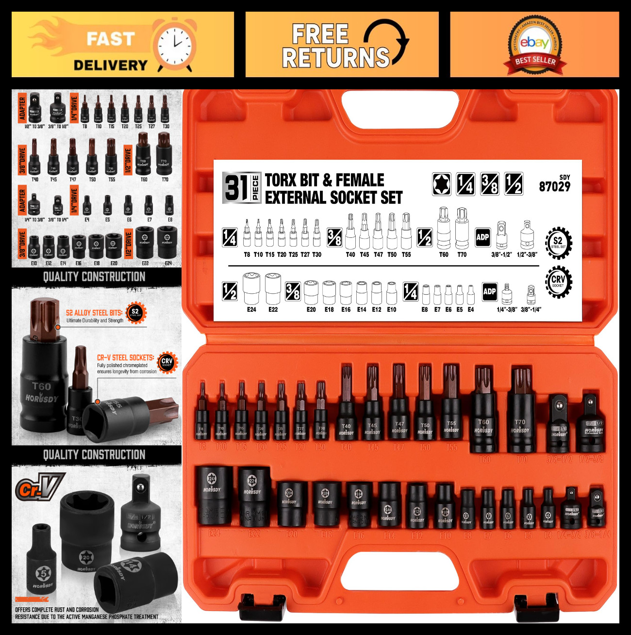 31Pcs Torx Bit Socket Set – 14 Star Bits (T8-T70), 12 E-Torx Sockets (E4-E24), I