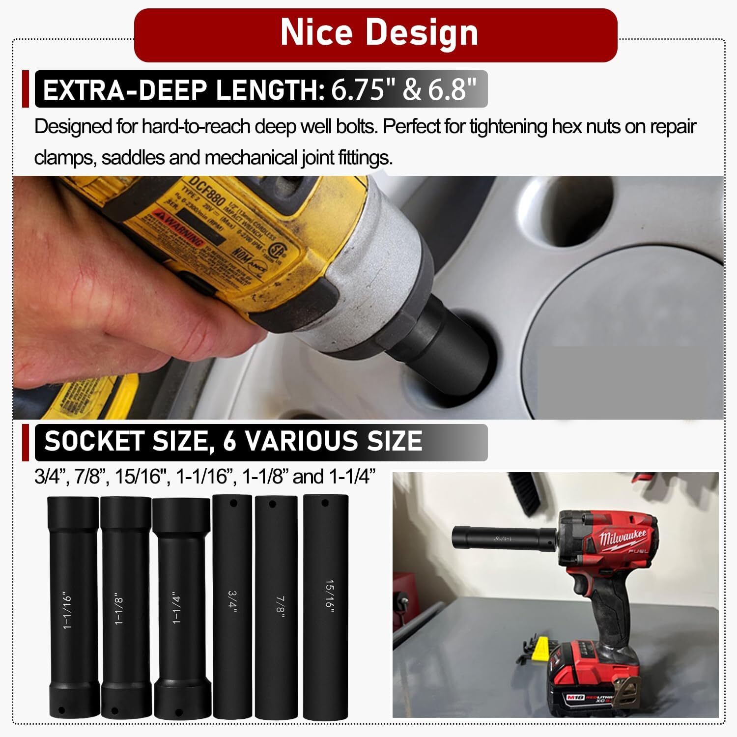 6PCS 1/2» Drive Extended Length Extra-Deep Length Impact Socket Set Heavy Duty