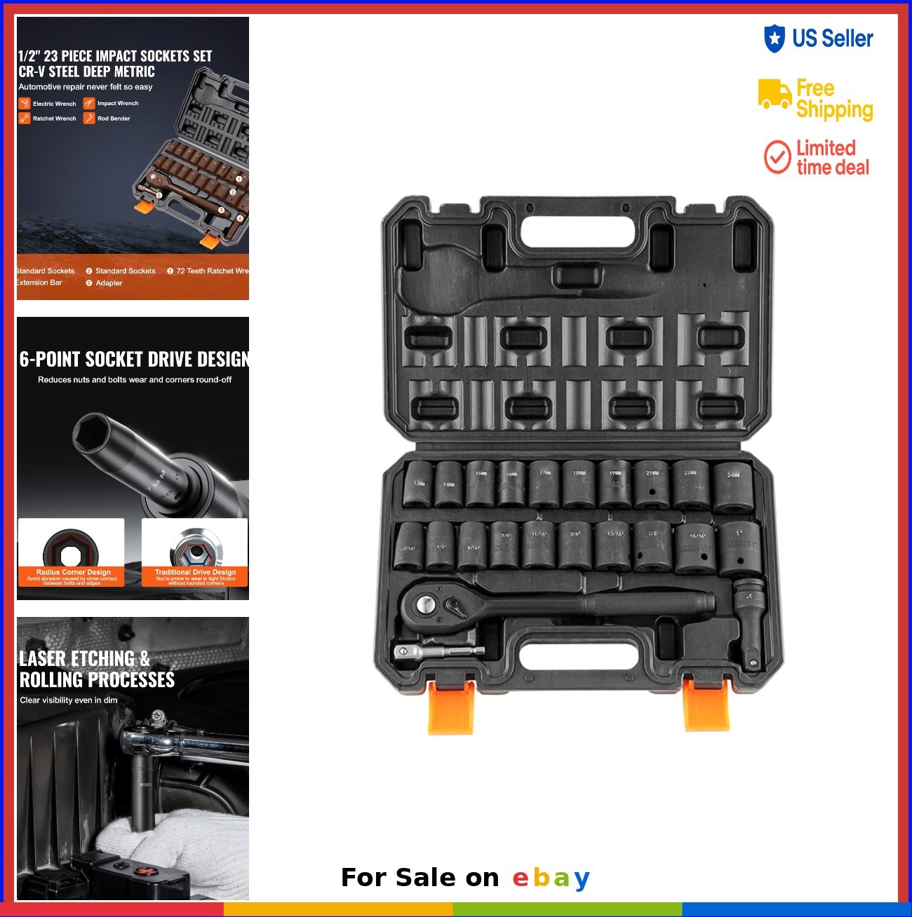 1/2 Inch Drive Impact Socket Set 23 Piece SAE Metric Deep Shallow Cr-V Steel