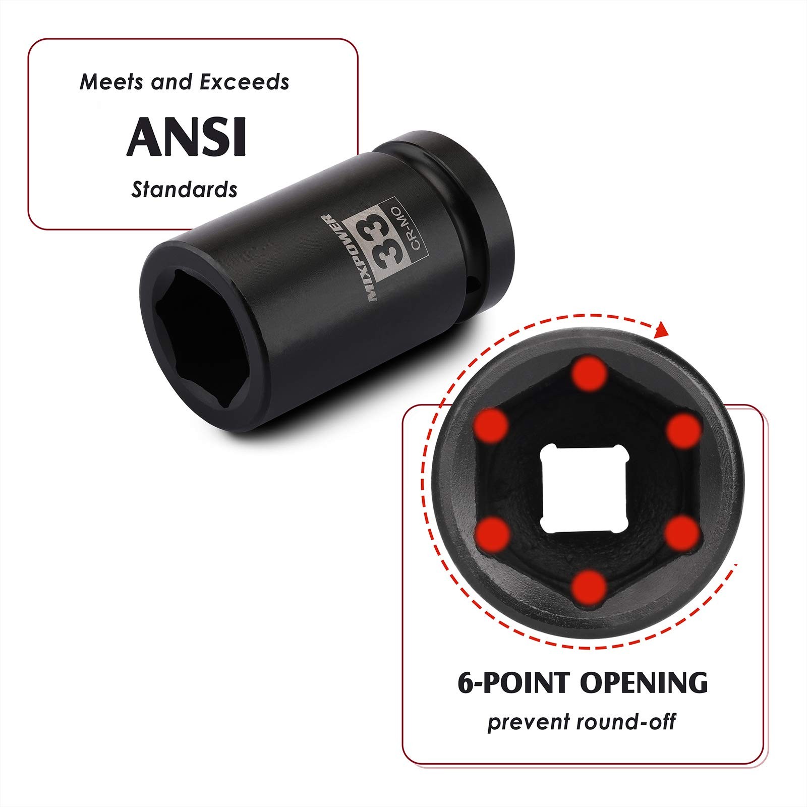 MIXPOWER 1 Inch Drive Deep Impact Socket, CR-MO, 33mm, 6 33mm (1 Piece)