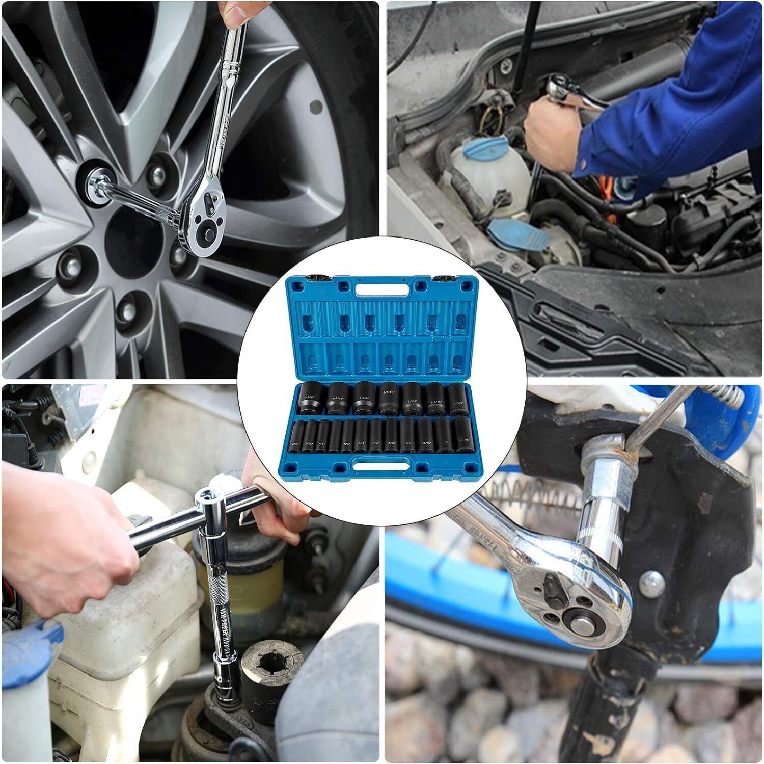 Impact Socket Set 1/2 Inches 19 PCS, 3/8» to 1-1/2» SAE 6-Point Hex Sockets