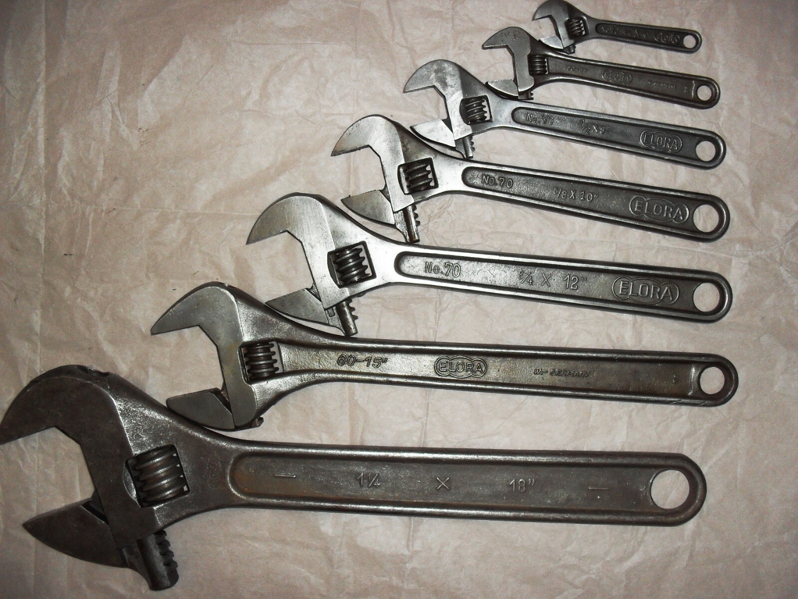 ELORA ADJUSTABLE WRENCHES; 18″ & 15″ & 12″ &10″ & 8″ & 6″ & 4″ MADE IN GERMANY