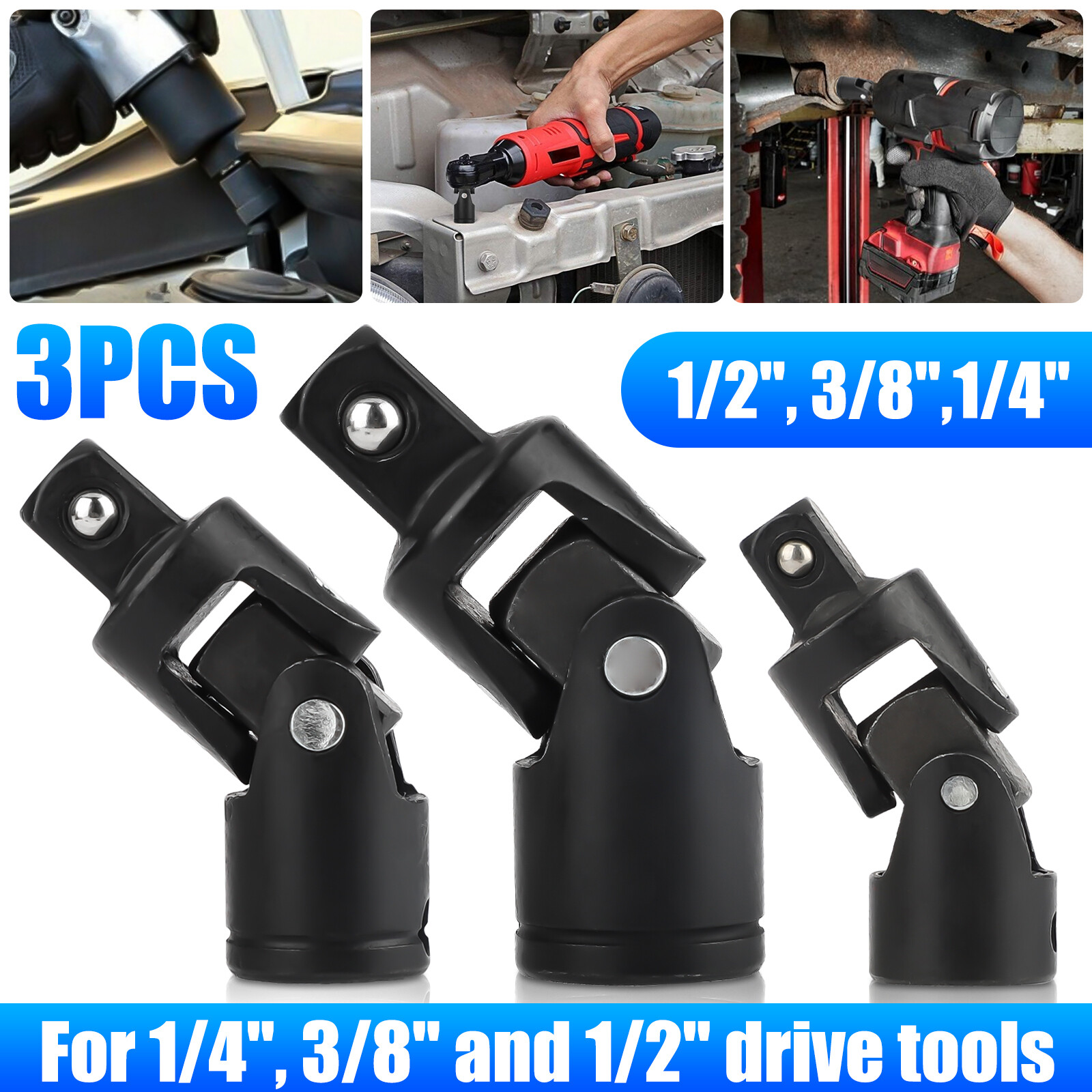 3Pcs 1/4″ 3/8″ 1/2″ Drive Swivel Impact Universal Joint Sockets Adapter Tool Set
