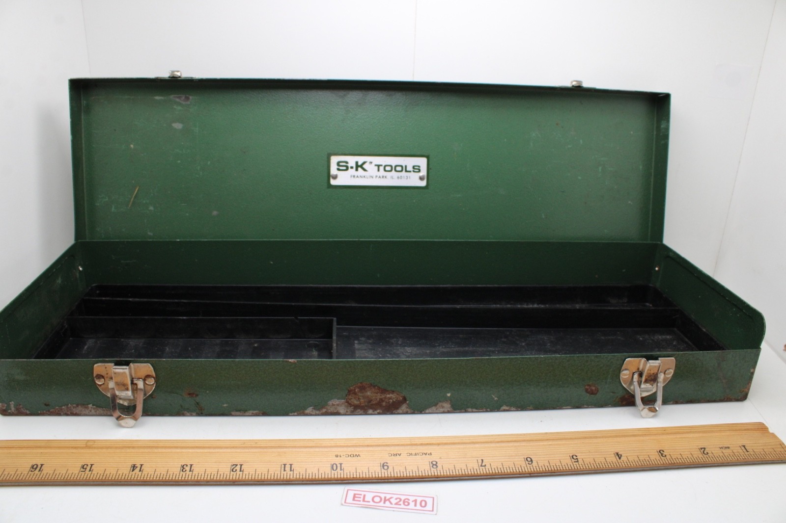 S-K TOOLS 18”x6”x 2.5″ 1/2″ Drive Green Metal Socket/Ratchet Box USA
