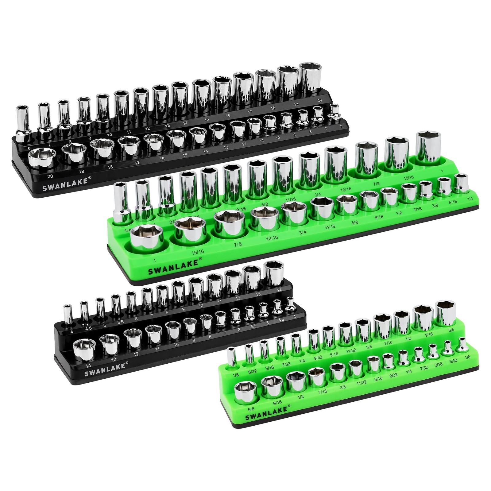 SWANLAKE 4-Piece Magnetic Socket Organizer Set, 4PCS Green/Black, Green&black