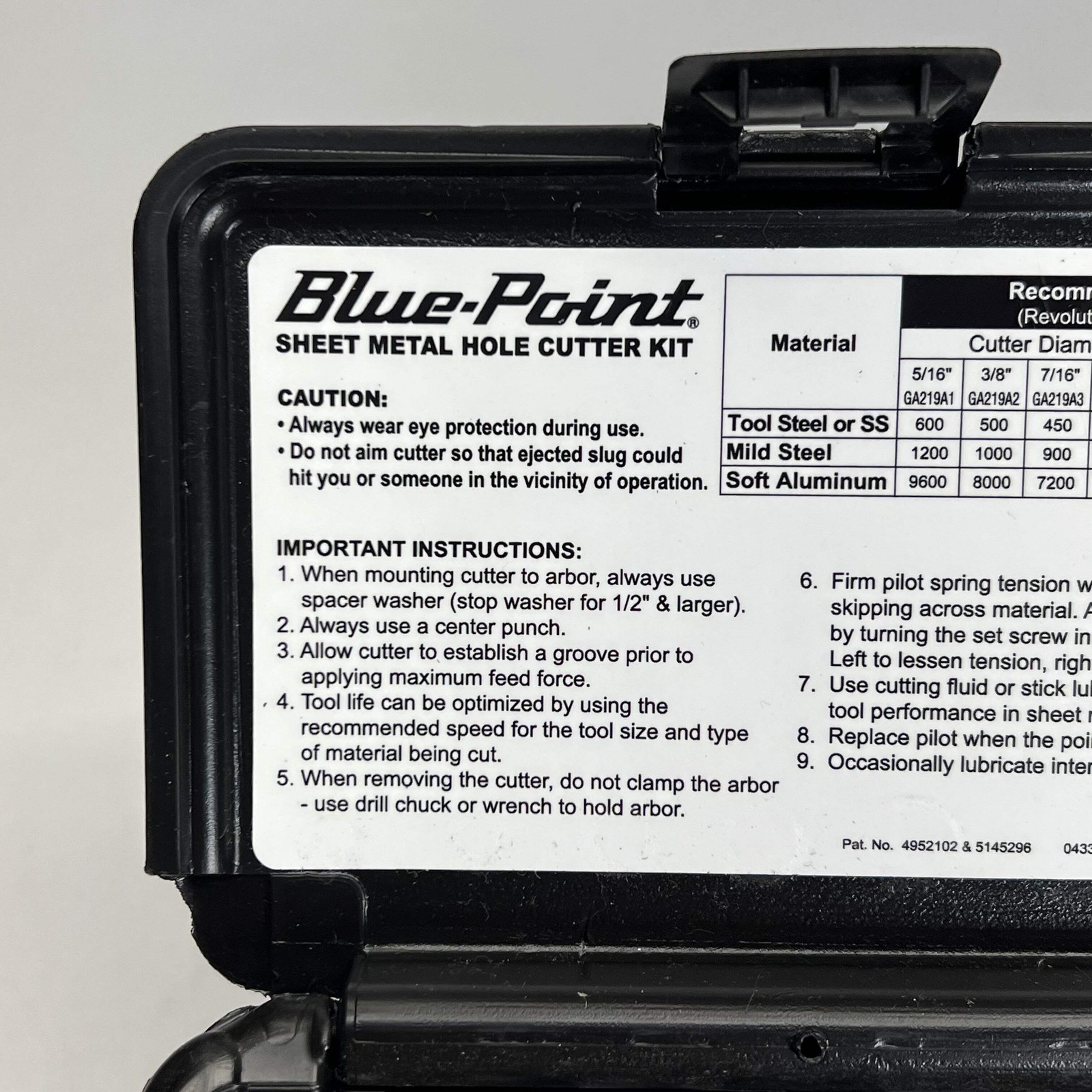 BLUE POINT Snap on Sheet Metal Hole Cutter Kit Design Prevents Clogging GA219B