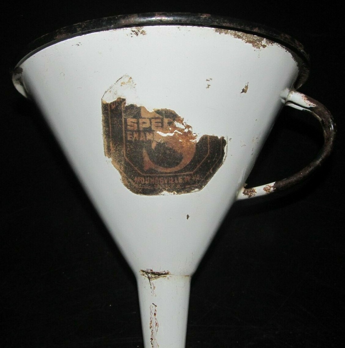Vintage PRIMITIVE Small White & Black ENAMEL GRANITEWARE Funnel Partial Tag Oil