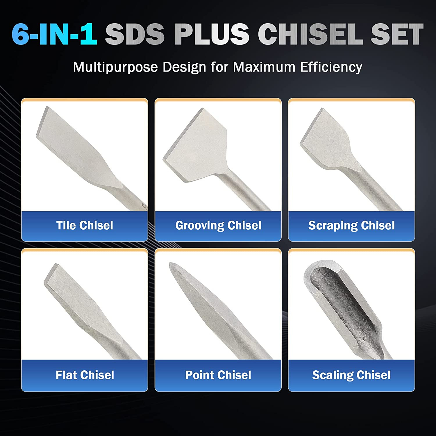 Chisel Kit Masonry Concrete Drill Bits, 40Cr Steel Rotary Hammer Tool 6 in 1 Set