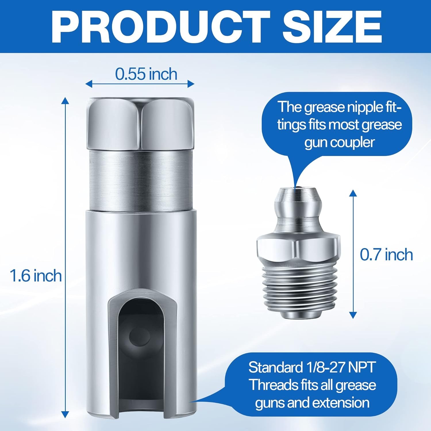 90° Grease Gun Coupler, 1/8″ NPT Right Angle Push-On Fitting, 2.1″ Length