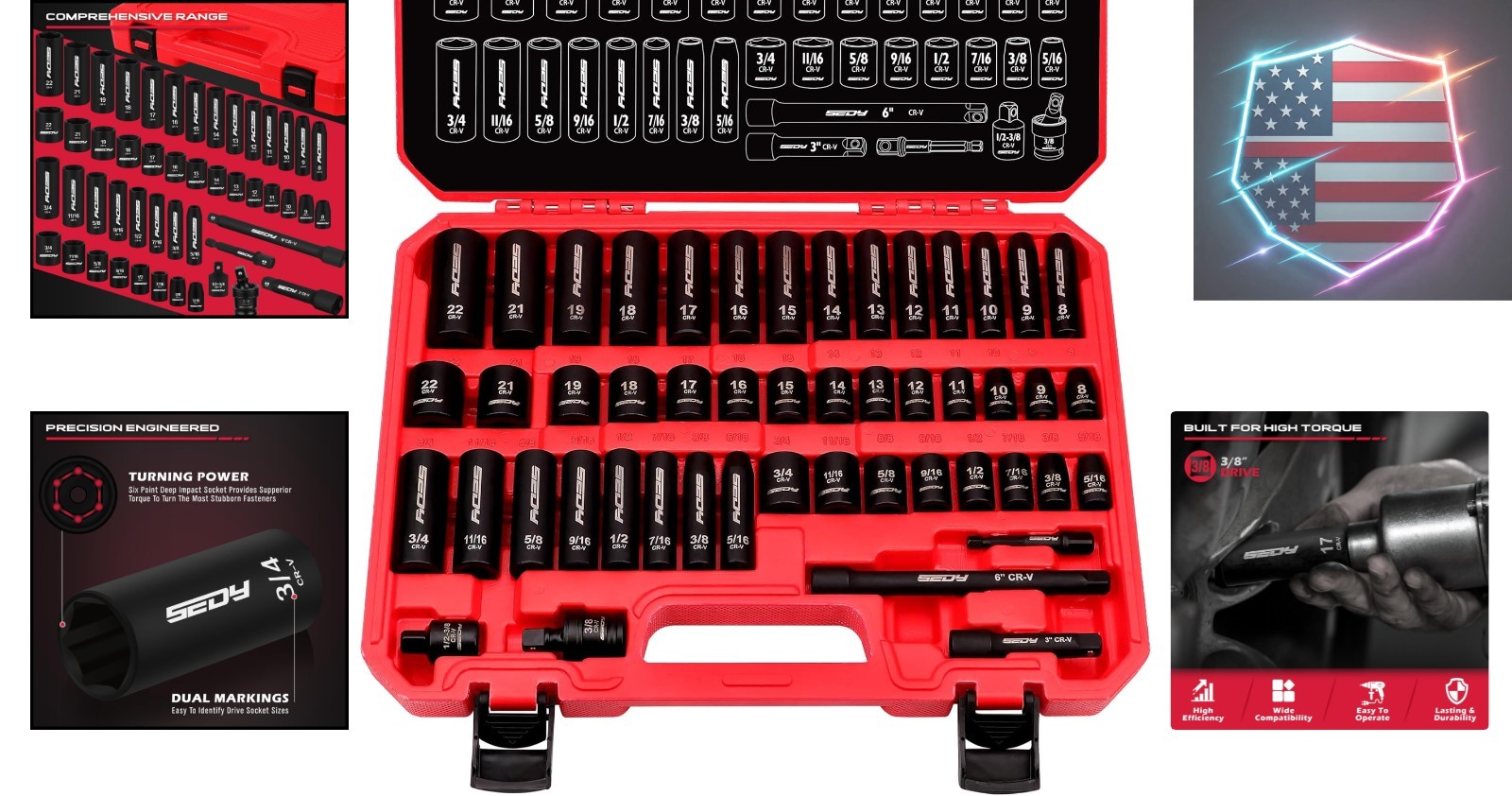 3/8″ Drive Impact Socket Set – 49-Piece SAE 5/16 to 3/4 inch and Metric 8-22m…