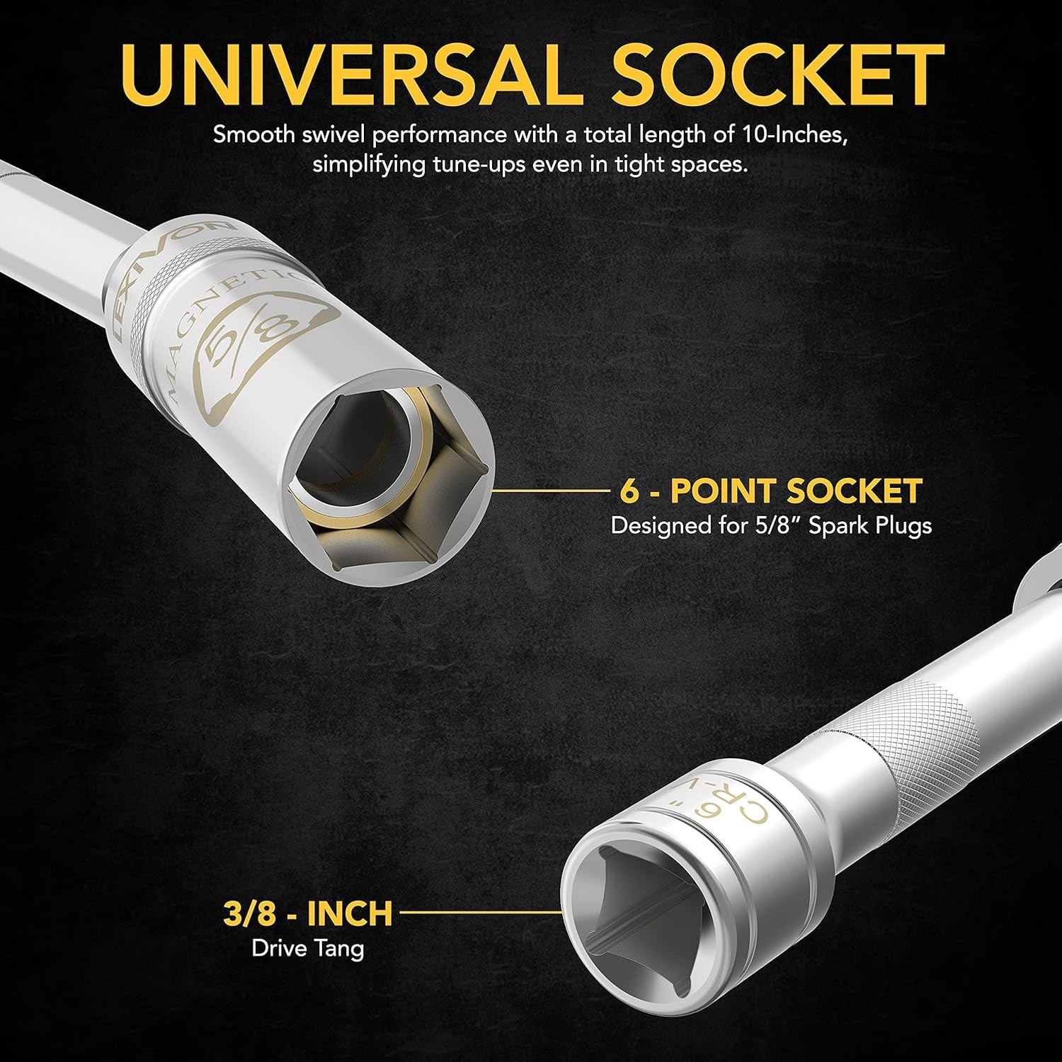 5/8″ Magnetic Socket for Spark Plugs – 10″ Length with Swivel and Comfort Grip