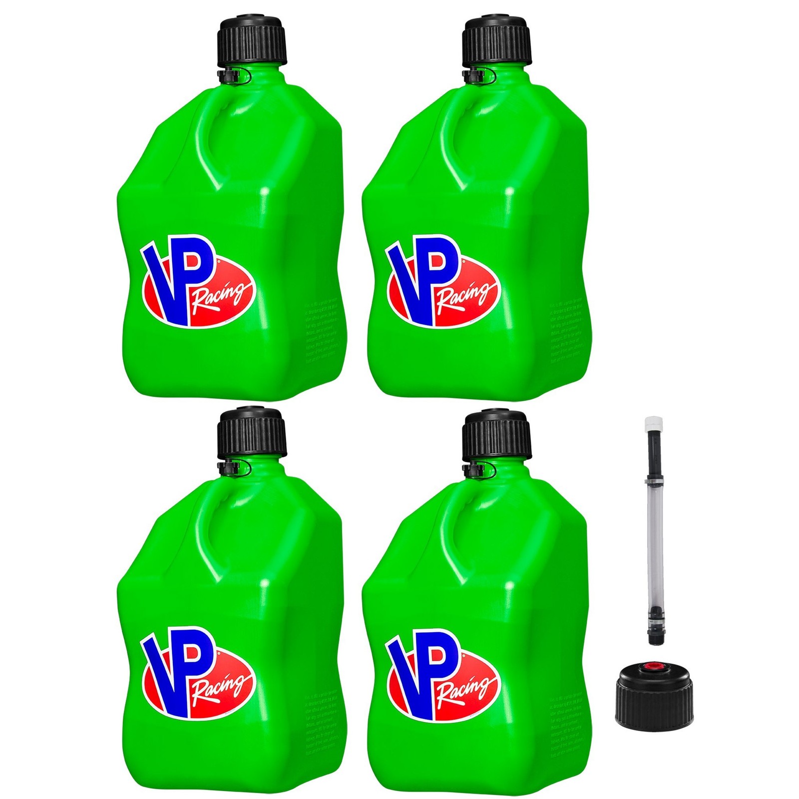 VP Racing Square Fuel Jug 5 Gallon Green x 4 – With Spare Cap and Filler Hose