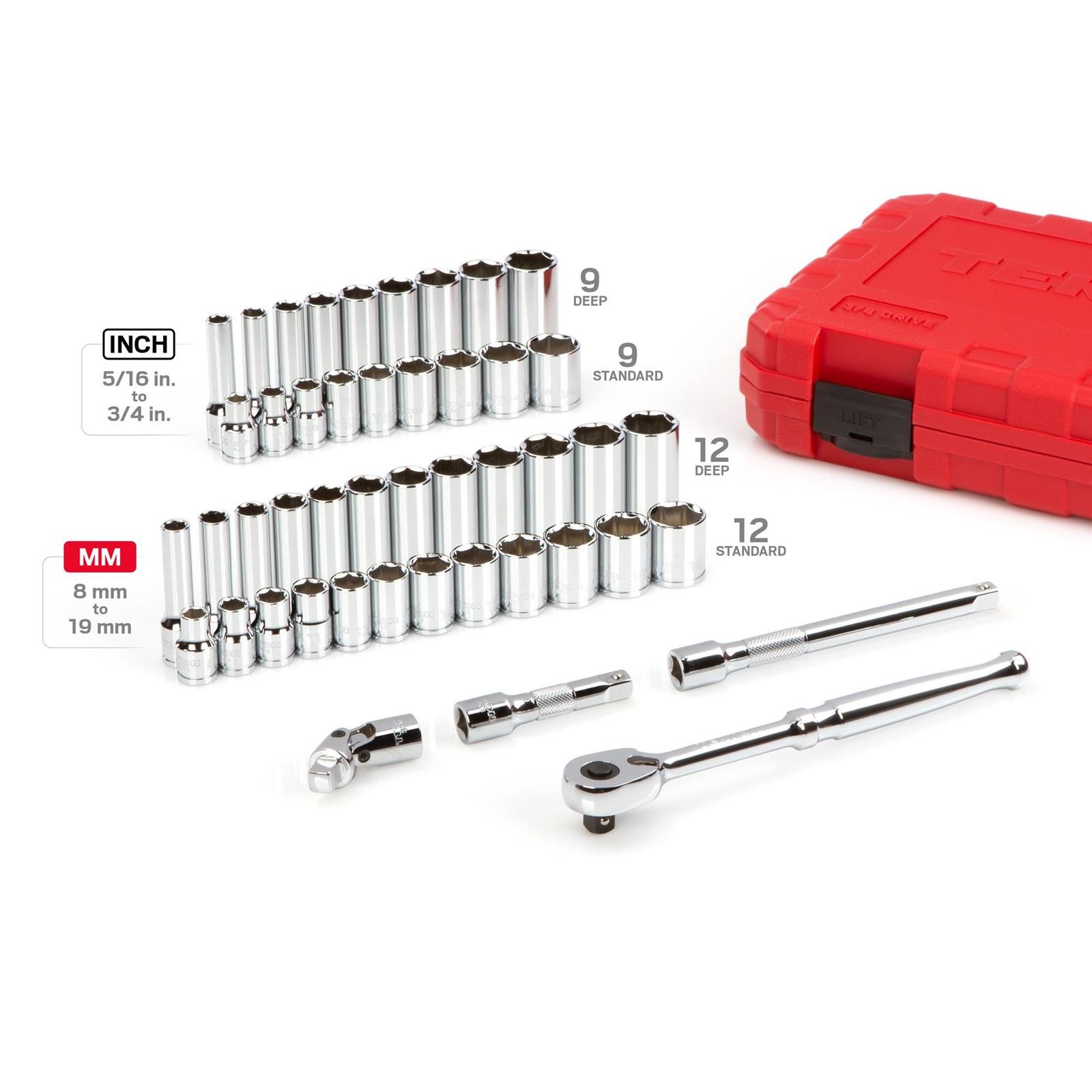Tekton SKT15301 3/8″ Drive 6-Point Socket/Ratchet Set, 46-Piece