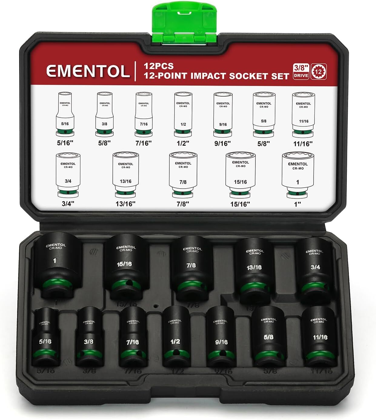 12PCS 3/8″ Drive Impact Socket Set Semi-Deep Sockets Standard SAE 5/16″-1″ CR-MO