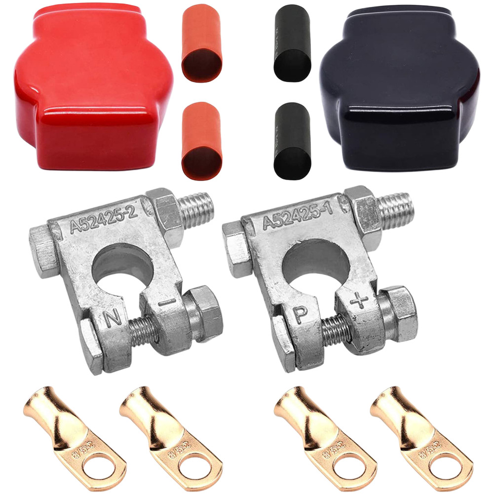 2PCS Zinc Alloy Battery Clamps with 4 Terminals 2 Sleeves 4 Heat Shrink Tubes