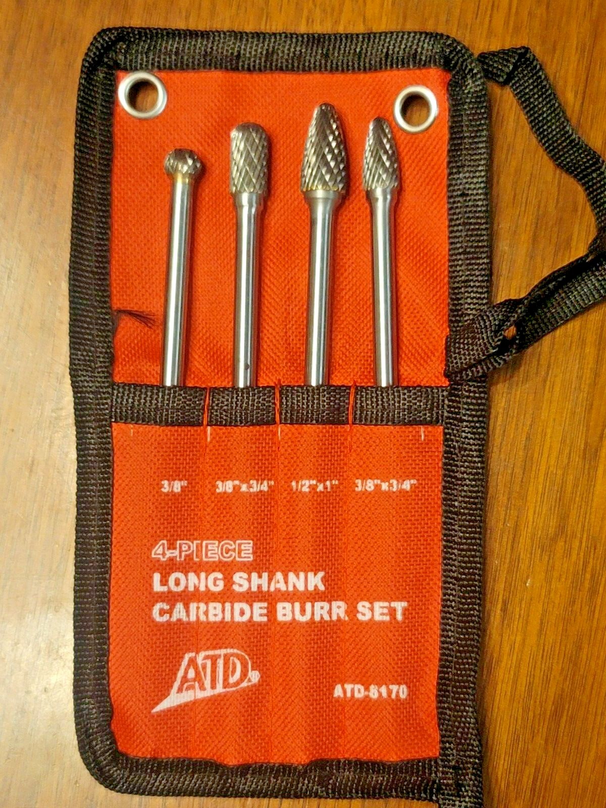 ATD 4pc Automotive 6″ Long 1/4″ Shank Double Cut Carbide Burr Set w/Pouch #8170