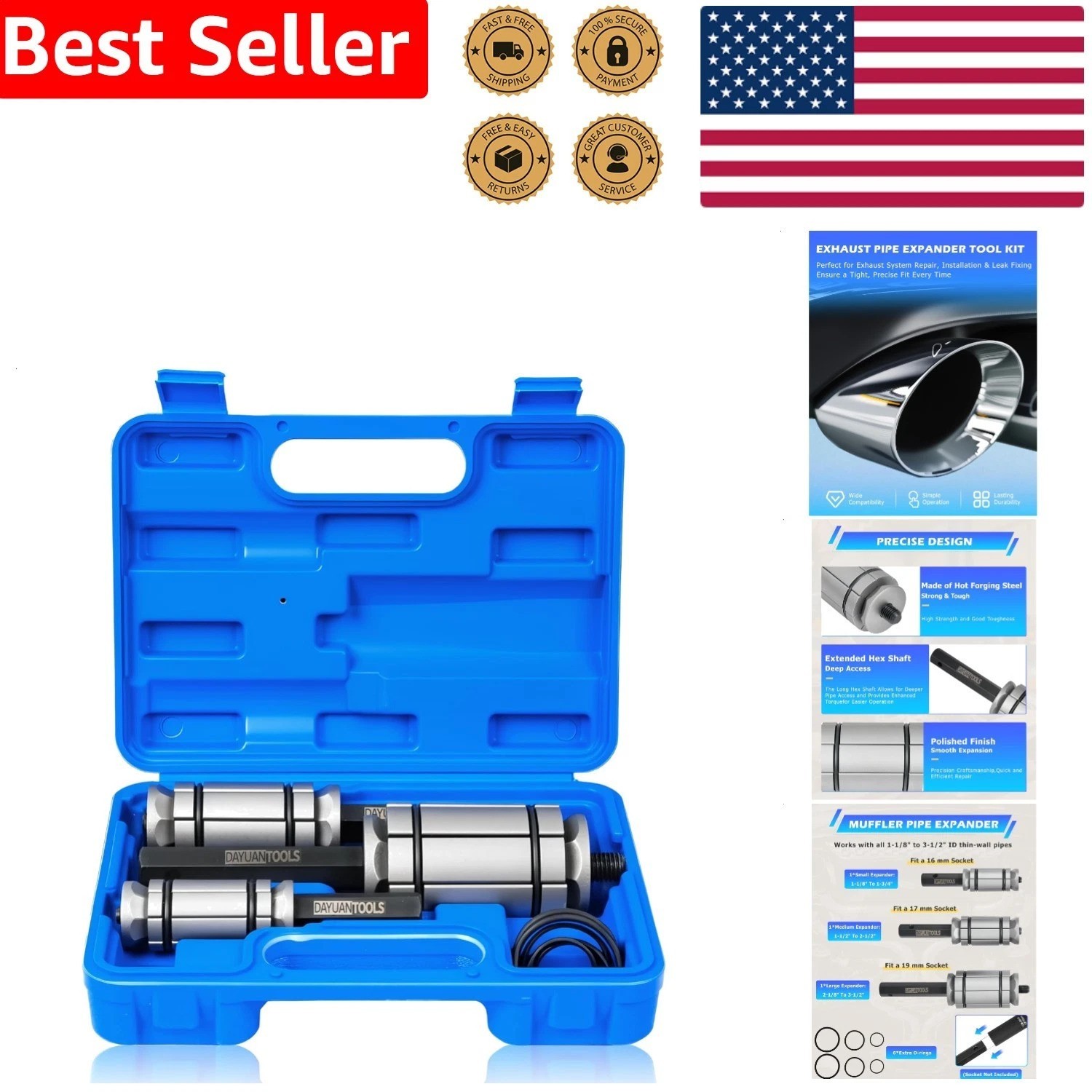 Heavy Duty Exhaust Pipe Expander Tool Kit 3pc Tail Pipe Spreader 1-1/8 to 3-1/2