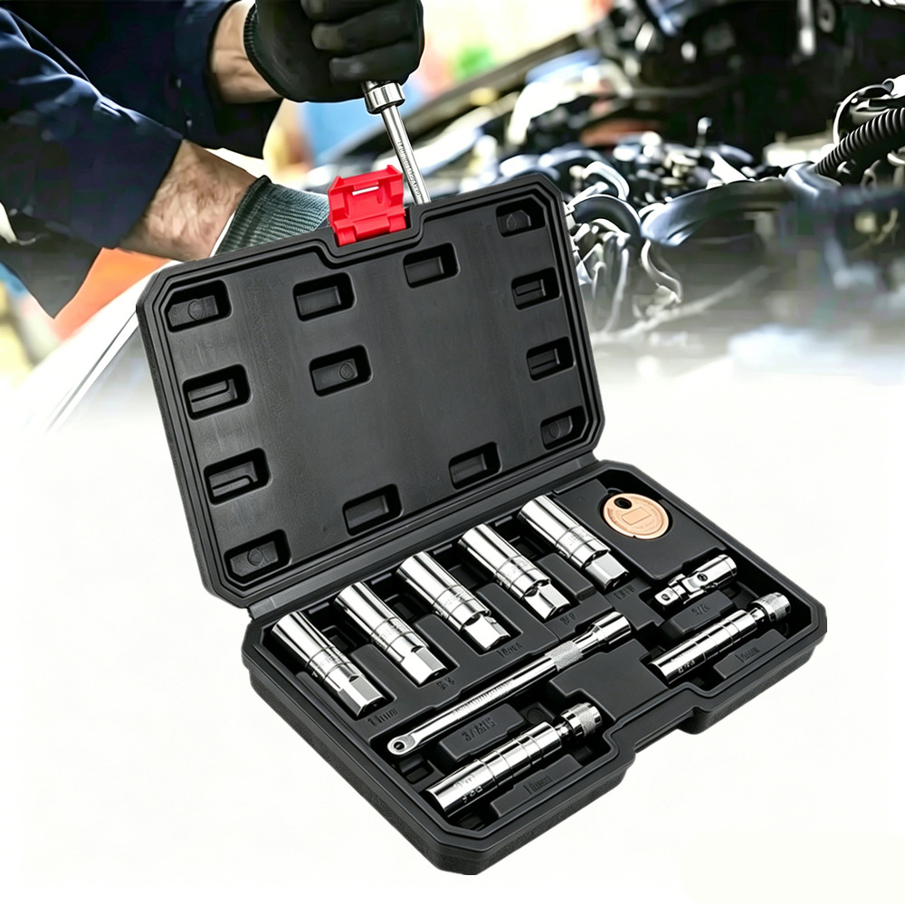 10PCS 3/8 Inch Drive Spark Plug Socket Set 6-Point Include Extension Bar CR-V US