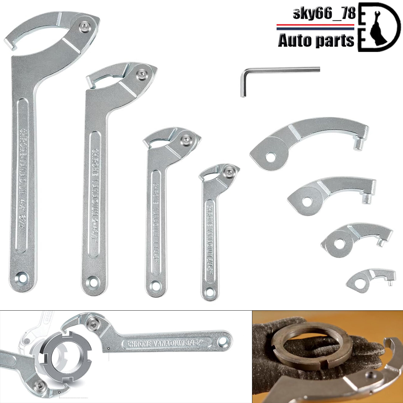 8 Pack Adjustable Hook & Pin Wrench Spanner Tool Nut Adjustment 3/4″ to 6-1/10″