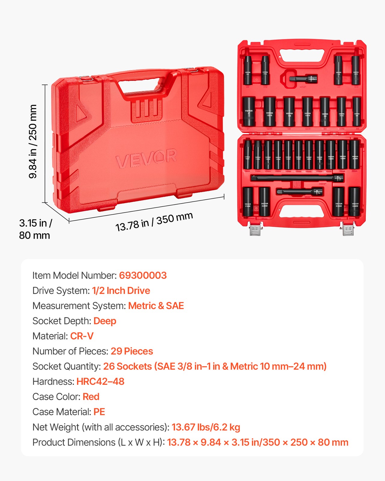 VEVOR 1/2 in Drive Impact Socket Set 29 Piece SAE 3/8 in-1 in Metric 10-24 mm