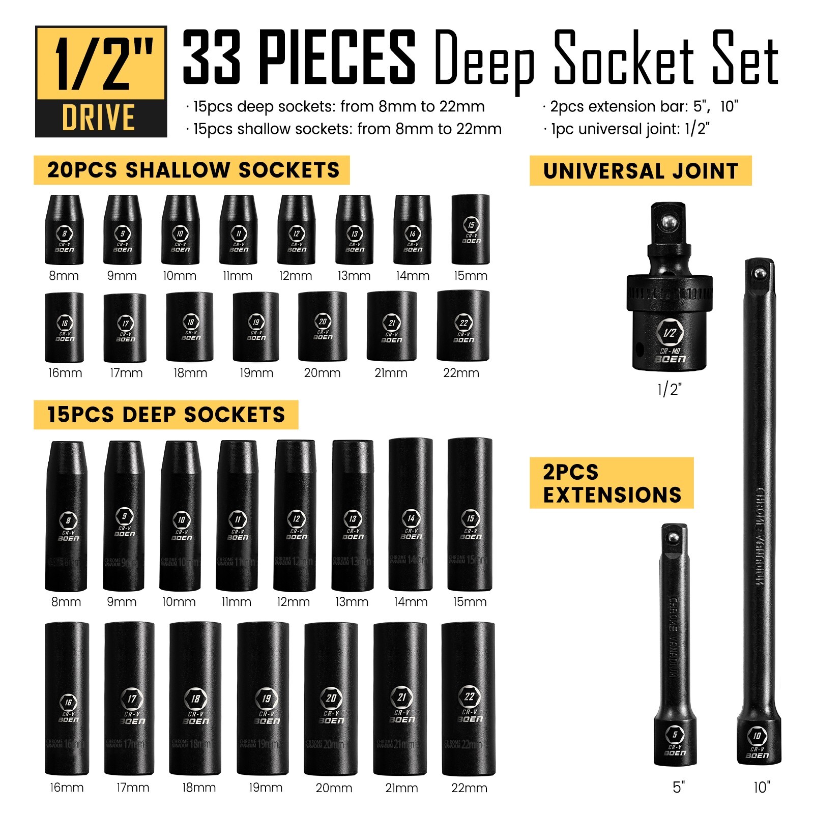 33Pcs 1/2 Inch Drive Deep Impact Socket Set, Metric 8-22mm,5″/10″ Extension Bars