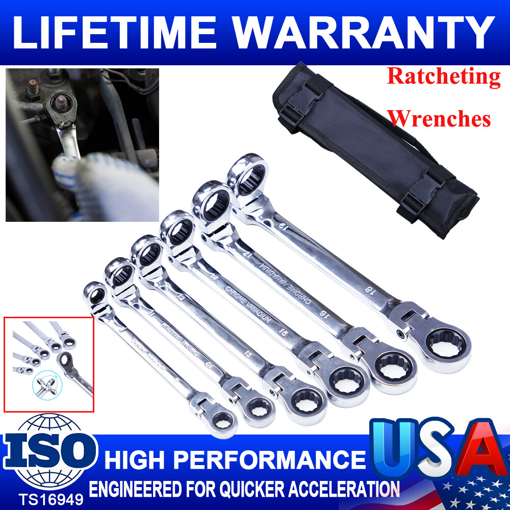 6PCS Flex-Head Double Box End Ratcheting Wrenches Metric Universal Kit 8MM~19MM