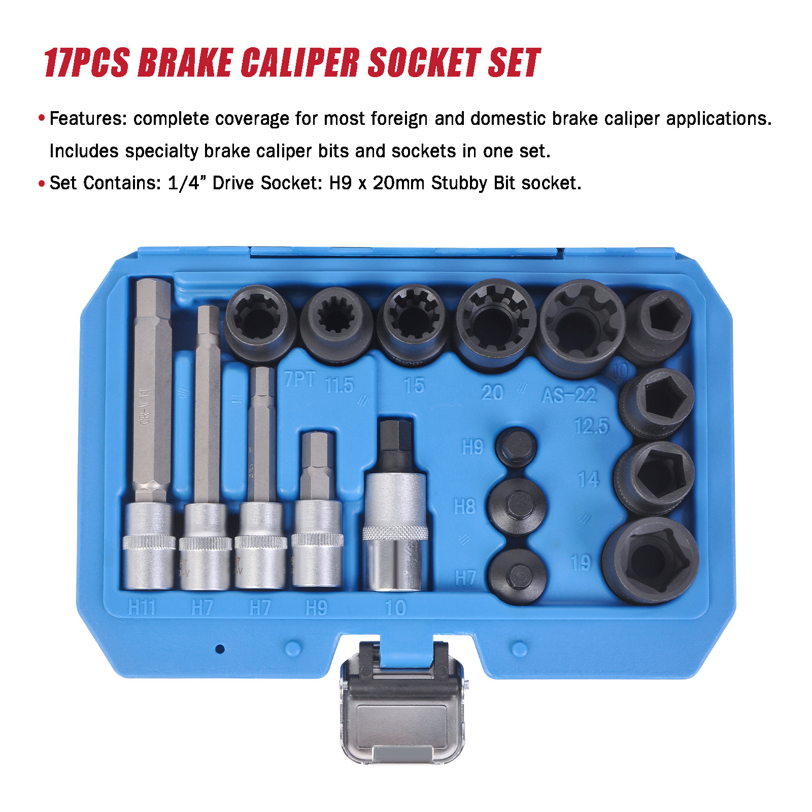 17 Piece Foreign and Domestic Brake Caliper Socket Kit 1/4″, 3/8″ & 1/2″ DRIVE