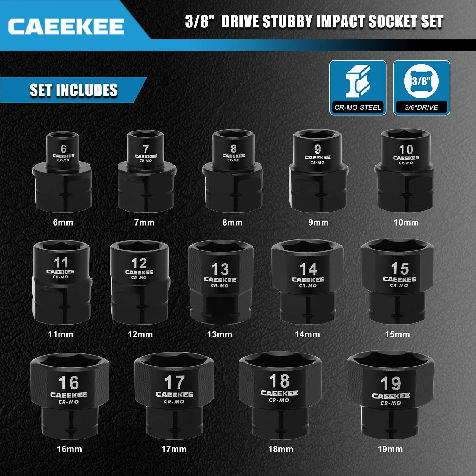 14-Piece Low Profile Nano Impact Socket Set 3/8″ Drive, 6-19mm, Cr-Mo, Stubby 6-