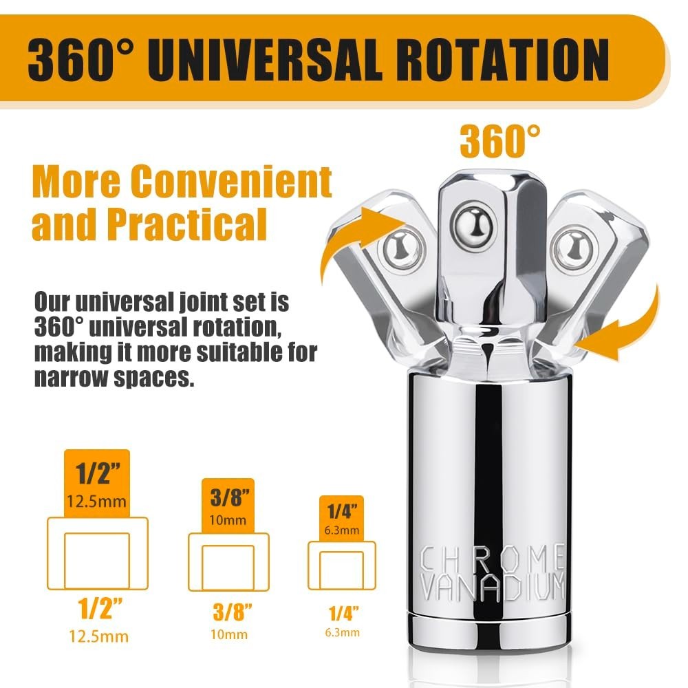 3PCS Impact Universal Joint Swivel Socket Adapter Set 1/4″ 3/8” 1/2″ Drive 360°