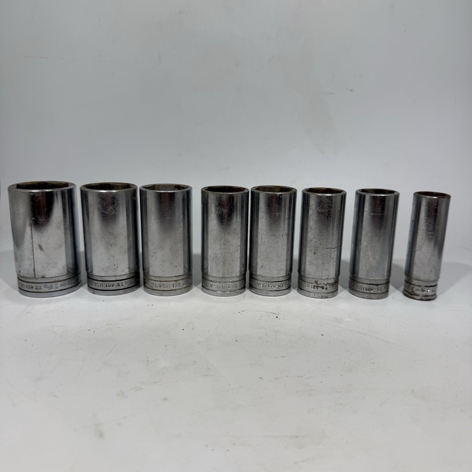 Set Of 8 Snap-On Tools TS ½» Drive Standard SAE 6 Point Deep Socket 1-7/16”