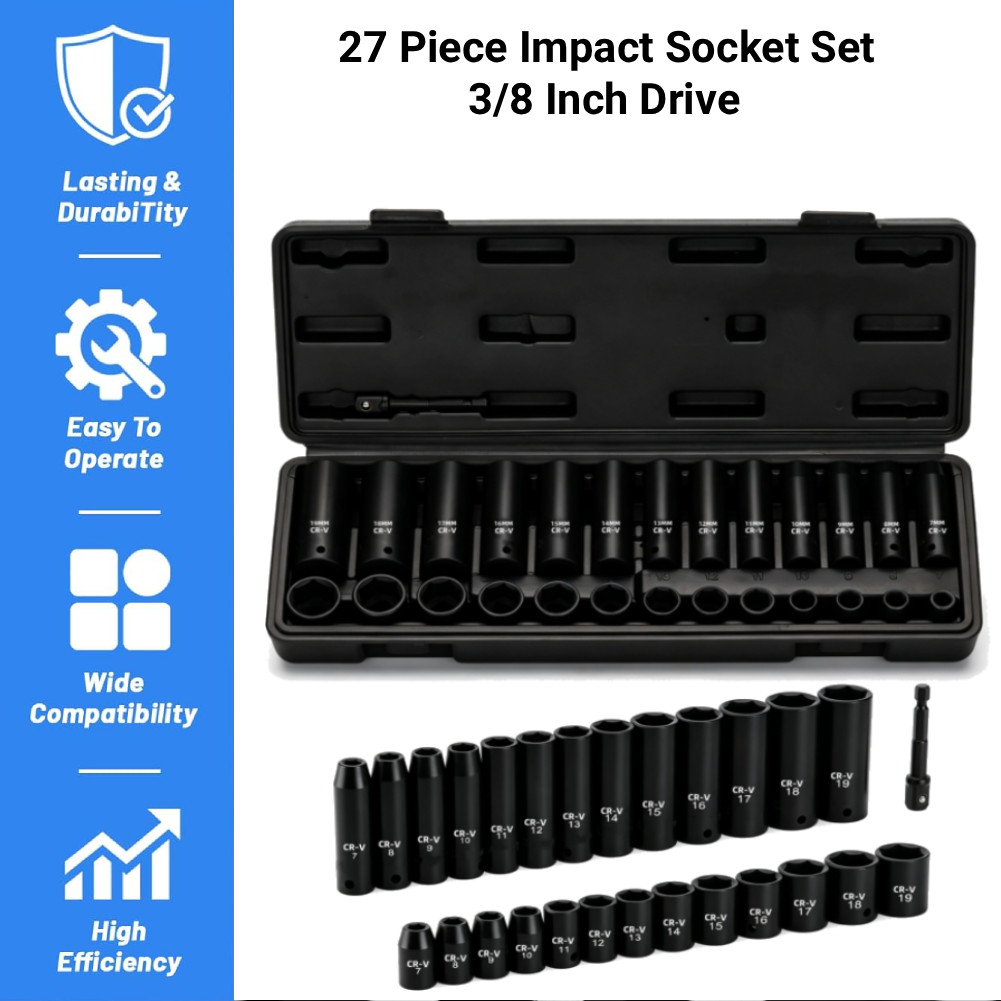 27 Piece 3/8″ Drive Impact Socket Set Metric 7mm-19mm 6-Point