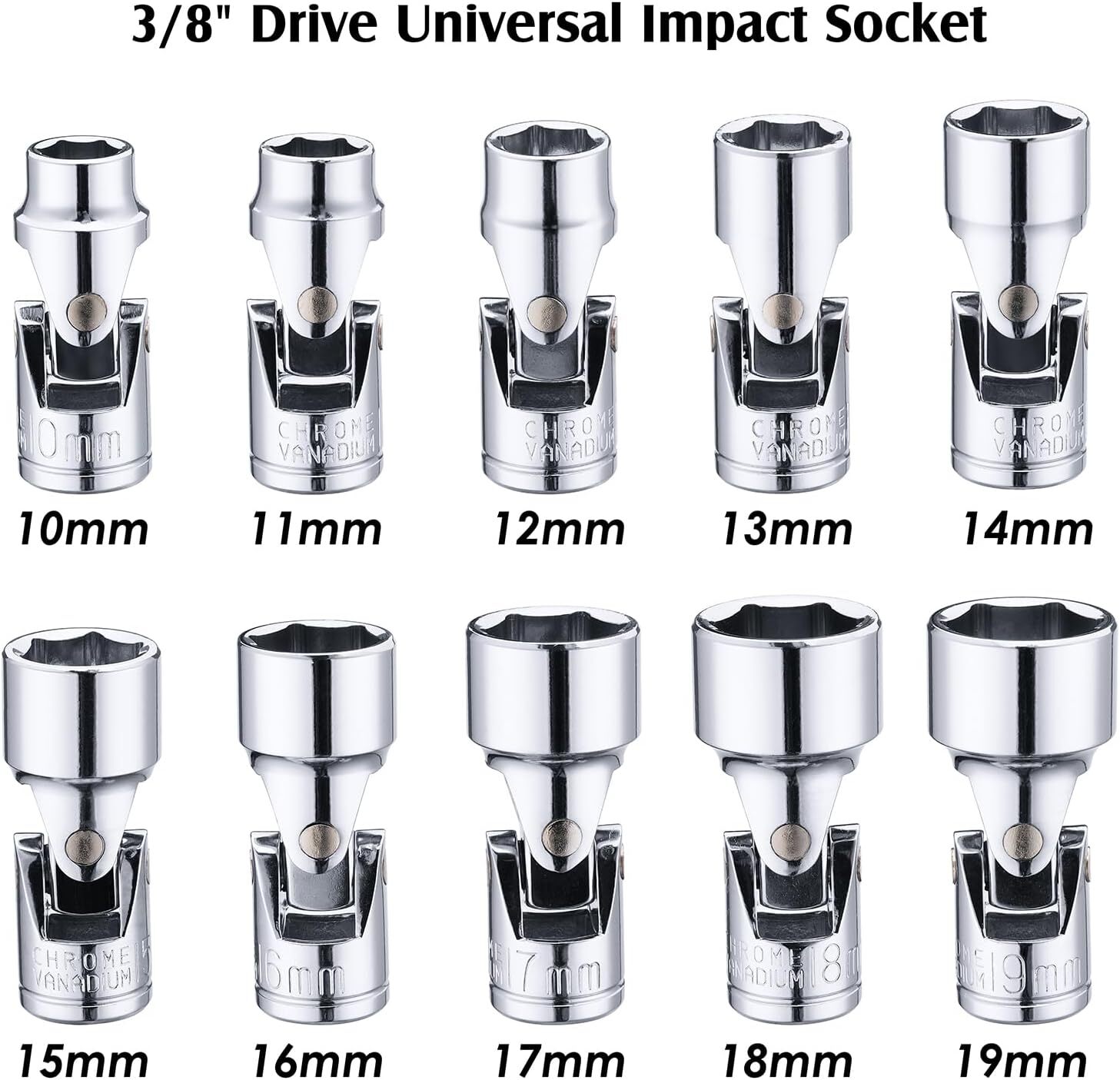 10-piece 3/8″ Drive Universal Joint Socket Set, 6 Point, Metric, 10-19 mm, Swive