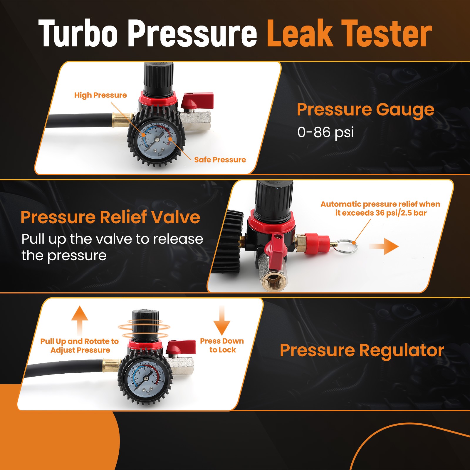 Turbo System Leakage Tester Set 4 pairs of 35 40 45 mm stepped adapters