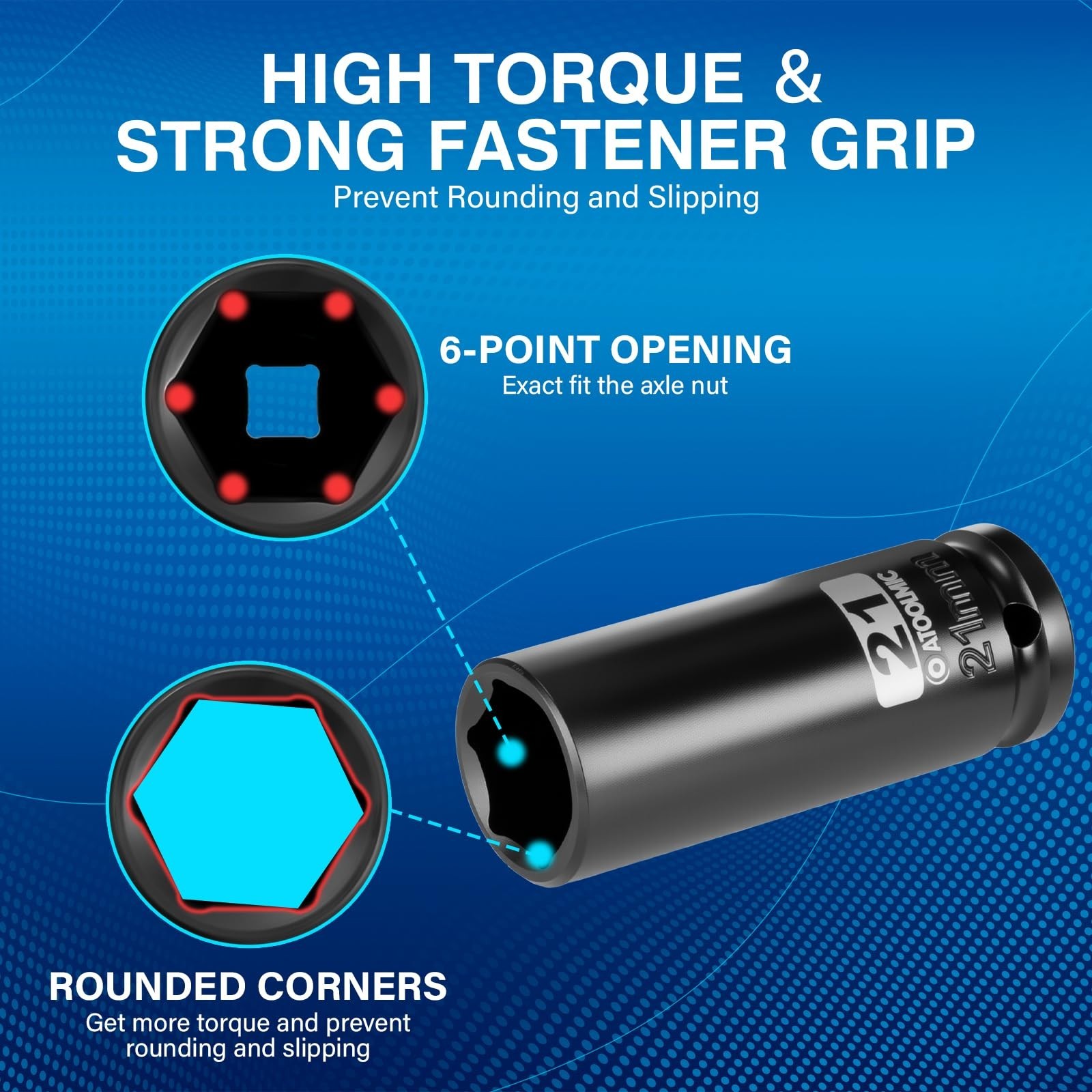 1/2″ Drive 21mm Deep Impact Socket 6 Point CR-MO Metric Axle Nut Removal Tool