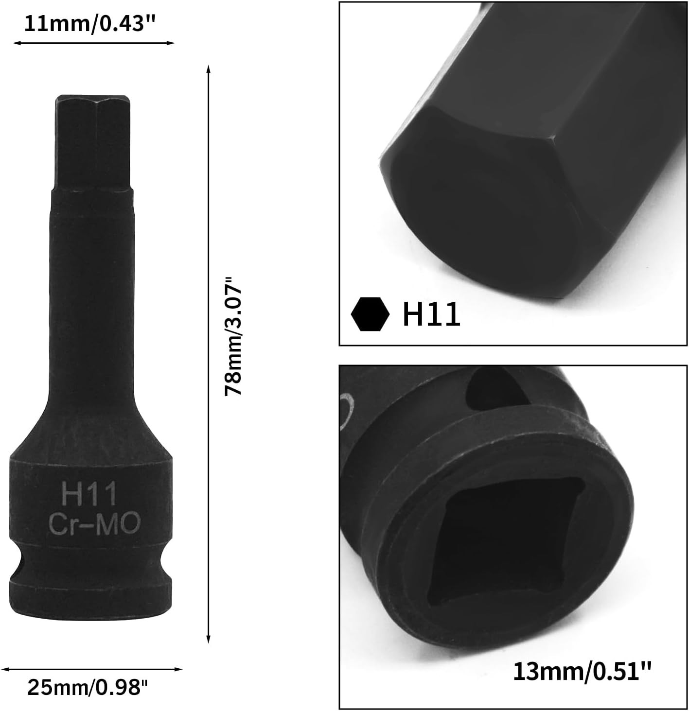 11mm Hex Impact Bit Socket H11 1/2inch Impact Drive Allen Socket Crmo Steel Leng