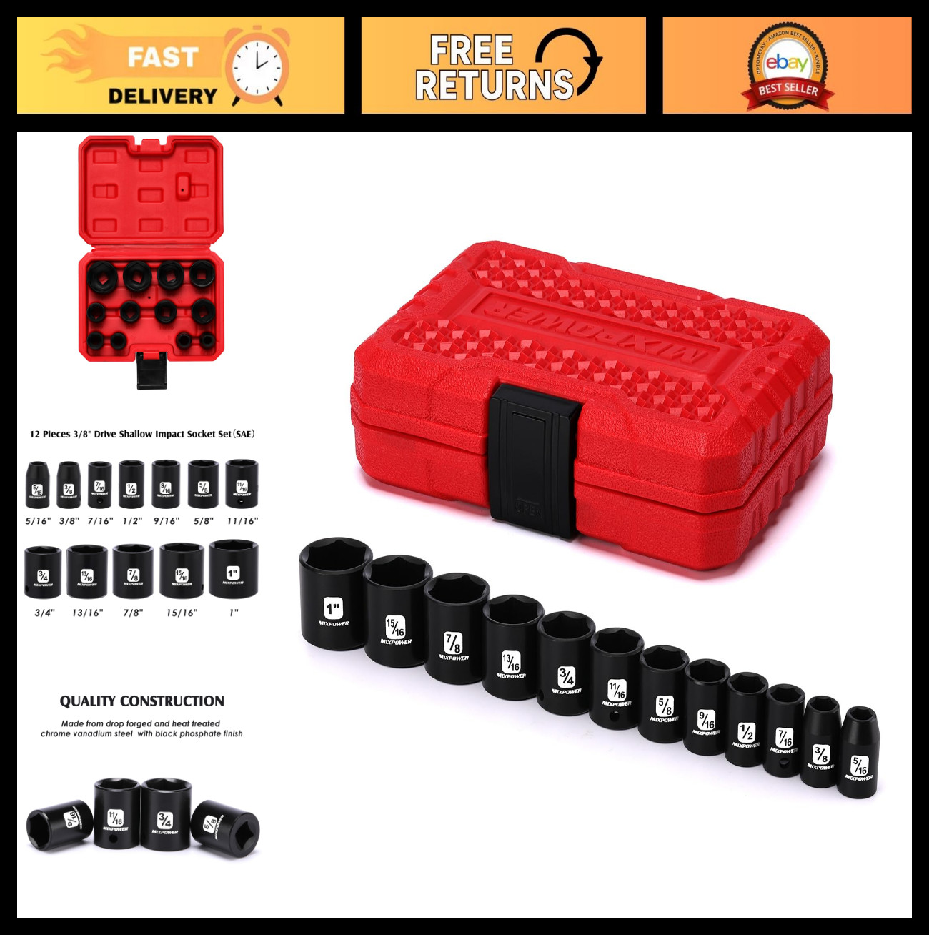 12-Piece 3/8″ Drive Shallow Impact Socket Set, SAE 6-Point, CR-V, 5/16″-1″ Sizes