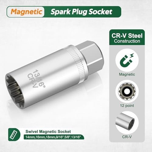 11-Piece Spark Plug Socket Set, 3/8″ Drive, SAE & Metric Sizes, Magnetic Tool &